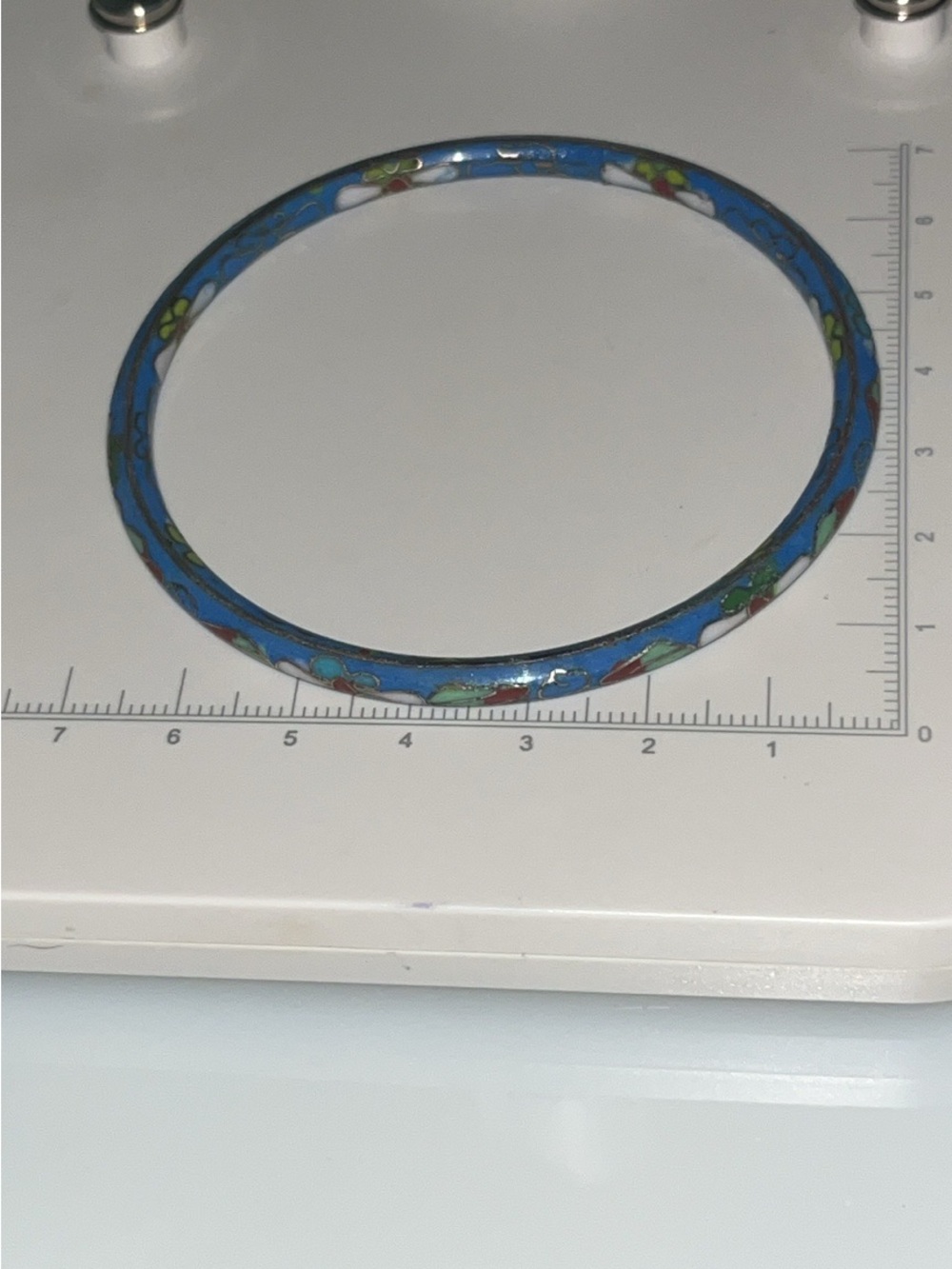 Vintage Blue Cloisonné Enamel Floral Bangle Bracelet 7.5”
